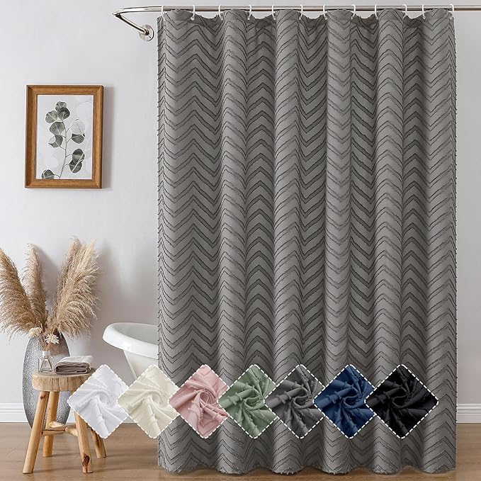 OVZME Grey Tall Shower Curtain 84 Inch Length, Boho Style Modern Hotel Tufted Chevron Striped Fabric Textured Shower Curtain for Bathroom, Soft Fabric Protect Privacy Cloth, 72Wx84L Inches