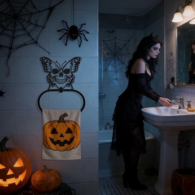 Black Metal Gothic Skull Butterfly Towel Ring, Goth Witchy Skeleton Wall Hand Towels Holder, Gothic Bathroom & Kitchen Accessories, Wall Hanging Towel Rack Home Decor Gift Indoor Outdoor