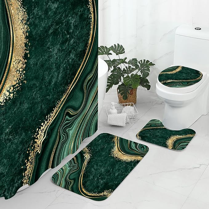 Gibelle 4 Pcs Luxury Marble Shower Curtain Set with Non-Slip Rugs, Toilet Lid Cover and Bath Mat, Gold Foil Emerald Green Bathroom Decor Set with Shower Curtain and Rugs and Accessories