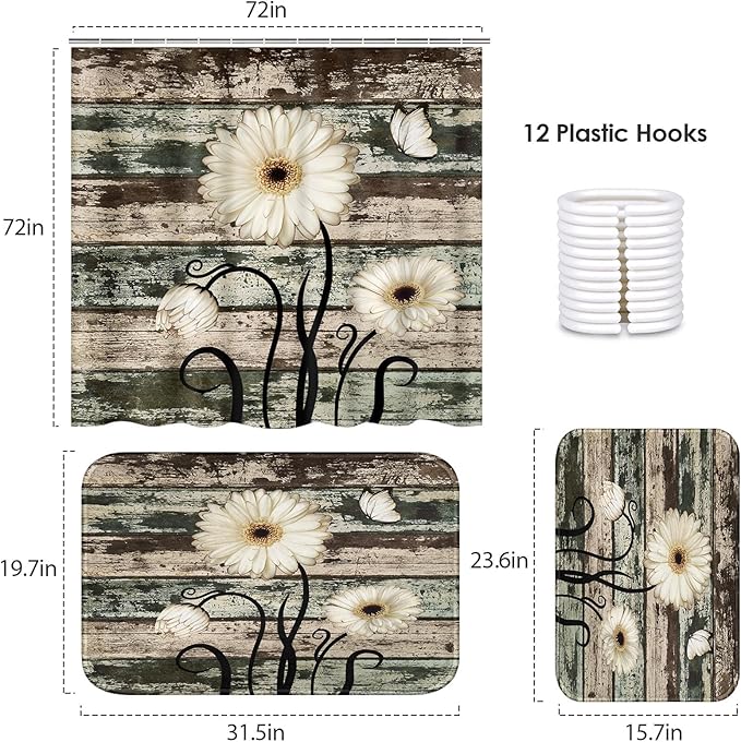 ArtSocket Vintage Flower Bathroom Set with Shower Curtain and Bath Rugs and Accessories,Daisy Wooden Non-Slip Shower Curtain Set,Bathroom Decor 3 Pcs