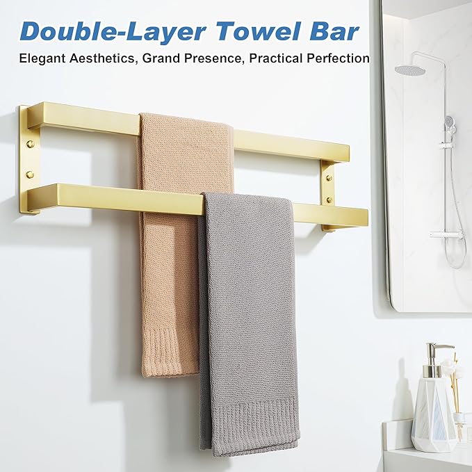 Alise Double Towel Bar, 24" Towel Racks for Bathroom Wall Mounted SUS304 Stainless Steel, Heavy Duty Bathroom Towel Holder, Quick Drying Towel Hanger, Brushed Gold