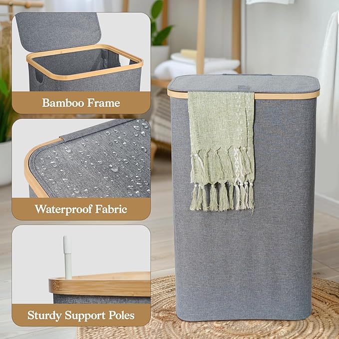 140L Foldable Laundry Baskest with Lid, 2 Section Extra-large Laundry Hamper with Removable Bags and Bamboo Handles for Bathroom, Bedroom & Laundry Room, Grey