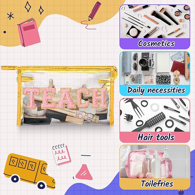 CY2SIDE TEACH Clear Makeup Bag - Pink TEACH Letter Patch Cosmetic Bag with Handle for Travel PVC Zipper Clear Toiletries Waterproof Portable Travel Organizer Teacher Appreciation Gifts, Gold