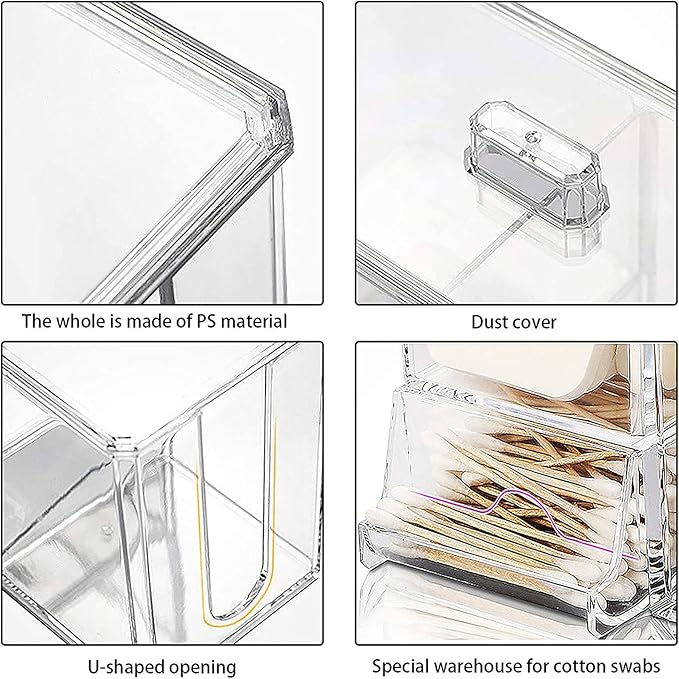 Cotton Buds Organizer - 3-Grid Q-tip Dispenser, Acrylic Crystal Clear Storage Box with Lid, Cosmetic Canister Case