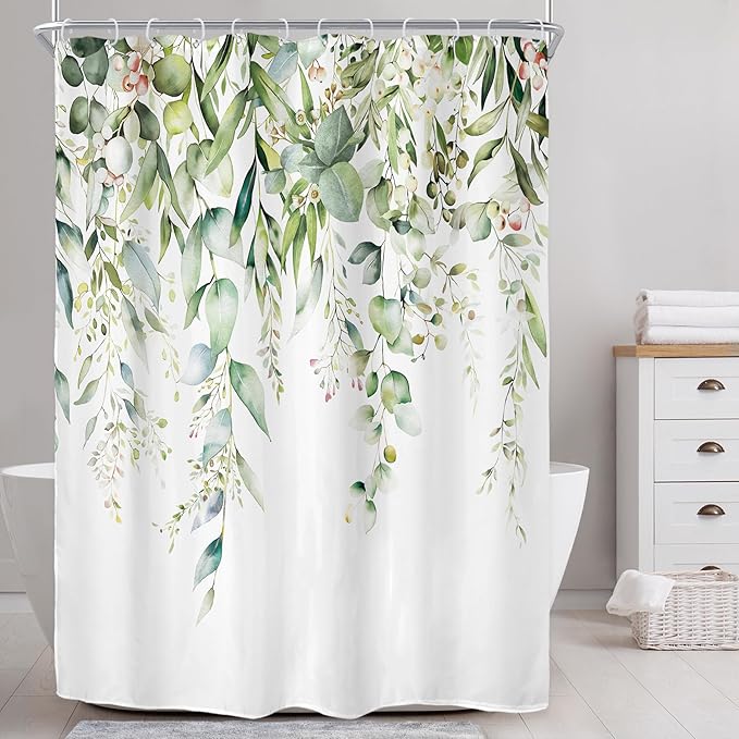 Riyidecor Extra Long Eucalyptus Leaves Shower Curtain for Bathroom Decor 72Wx96H Sage Green Botanical Plants Spring Leaf Floral Herbs Art Printed Fabric Polyester Waterproof 12 Pack Plastic