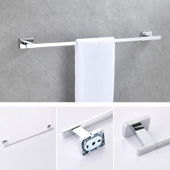 GERUIKE 4 Piece Bathroom Hardware Accessories Set,Chrome Stainless Steel Towel Bar Sets Wall Mounted - Includes 16" Towel Bar, Square Towel Ring, Toilet Paper Holder, Robe Towel Hook