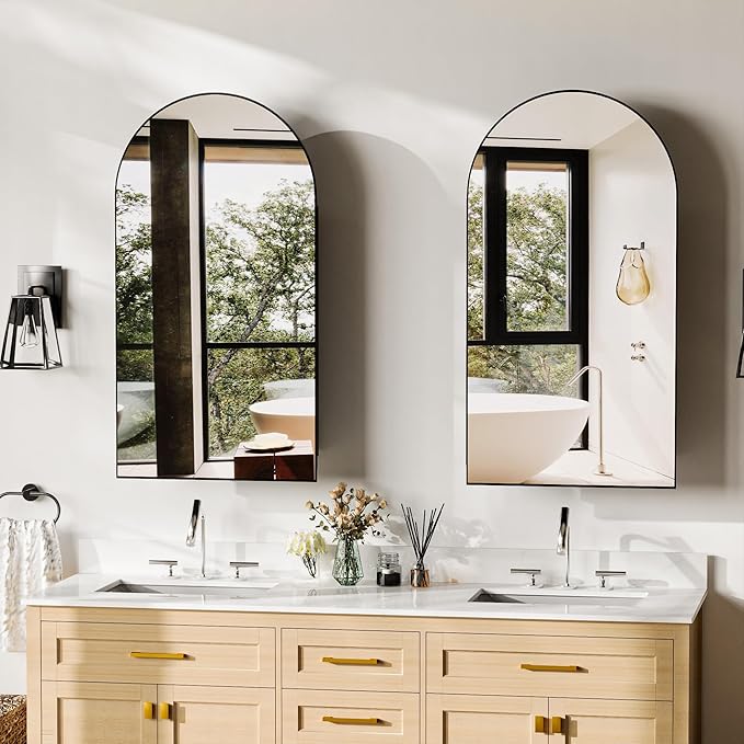 Medicine Cabinet with Mirror,Bathroom Wall Cabinet with Adjustable Shelves Arch Metal Storage Cabinet for Bathroom Bedroom (No Assembly Required) Black 16.5 * 31.1''