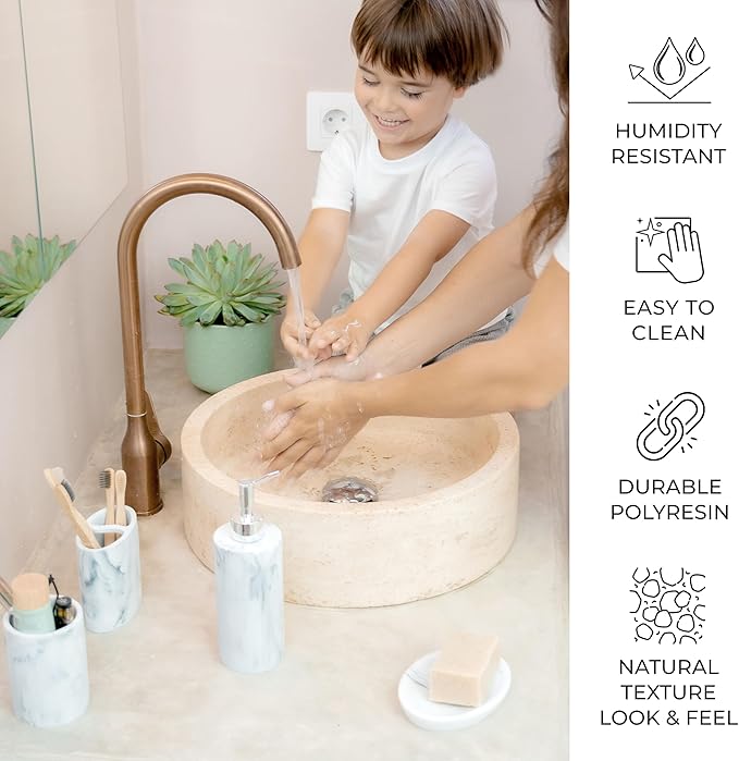 ZCCZ Bathroom Accessory Set, 4 Pcs Marble Look Bathroom Vanity Countertop Bathroom Décor Sets Accessories with Soap Dispenser, Toothbrush Holder Set, Tumbler, Soap Dish (White Marble Look Rounded)