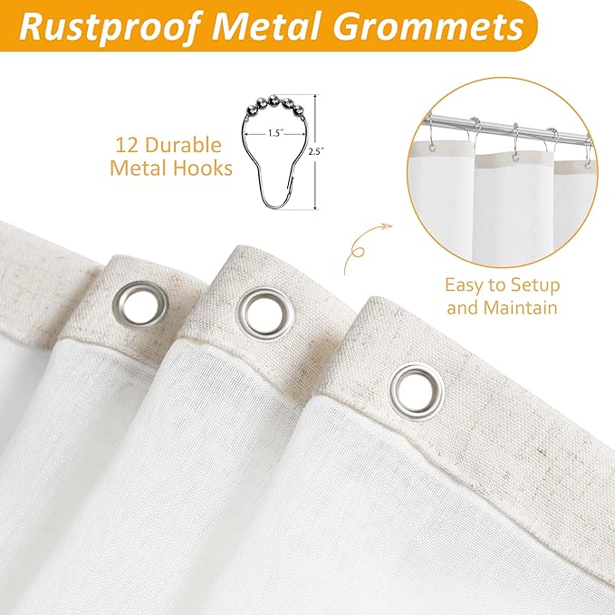 Naturoom Extra Long Shower Curtains 84 inches Linen Shower Curtain with Snap in Liner Set Boho Farmhouse Heavy Duty Textured Burlap Cloth Double Bath Curtains with See Through Top Window 72x84