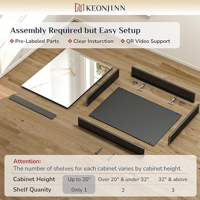 Keonjinn Black Medicine Cabinet 14 x 18 Inch, Assembly Needed, Bathroom Mirrored Medicine Cabinet, Lightweight, Freely Adjustable Shelves, Recessed or Wall Mount, Tempered Glass