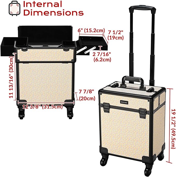BYOOTIQUE Rolling Makeup Train Case on Wheels Cosmetic Trolley Art Deco Pastel
