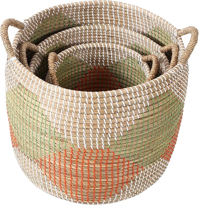Laundry Hamper, Wicker Laundry Baskets with Handles, Storage Baskets, Woven Basket Decorative Baskets for Shelves, Basket for Gifts, Closet, Pantry, and Home Organization, Set of 3, Multi-Size