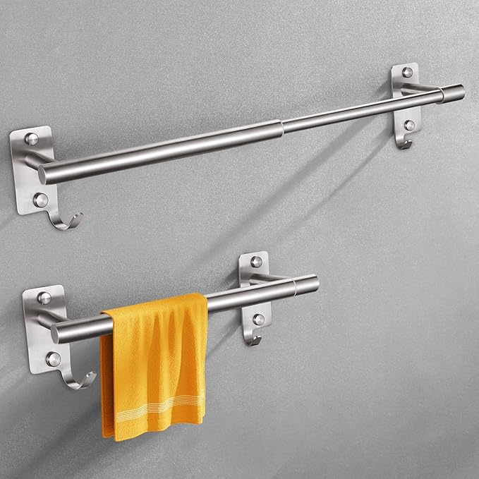 Adjustable Towel Rack for Bathroom, Stainless Steel Sturdy Towel Bar Rod (14.5”-23.6”) Wall Mount, Rustproof Towel Holder with Hanger Hook, Space-Saving Towel Rail for Bathroom Kitchen - Brushed