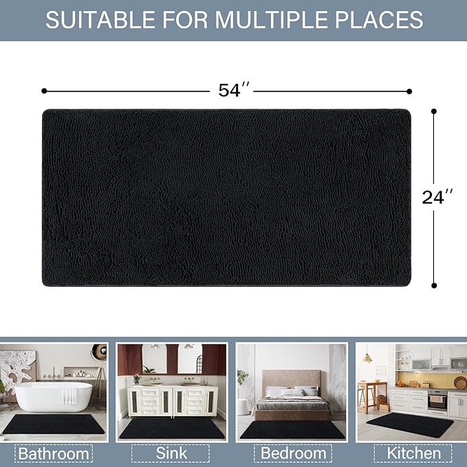 LOCHAS Luxury Bathroom Rug Shaggy Bath Mat 24 x 54 Inch, Washable Non Slip Bath Rugs for Bathroom Shower, Soft Plush Chenille Absorbent Carpets Mats, Black