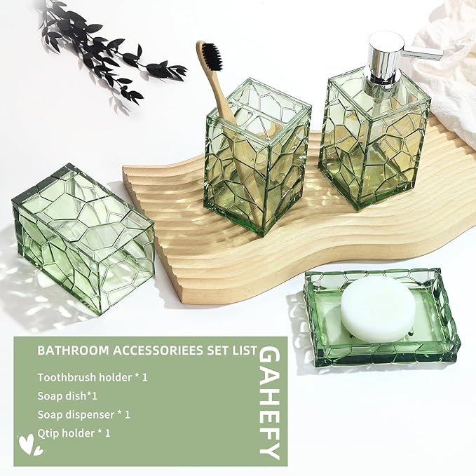 GAHEFY Green Bathroom Accessories Set with Toothbrush Holder, Soap Dispenser, Tumbler, Soap Dish, Sage Green Bathroom Decor, Acrylic (Green-4pcs)