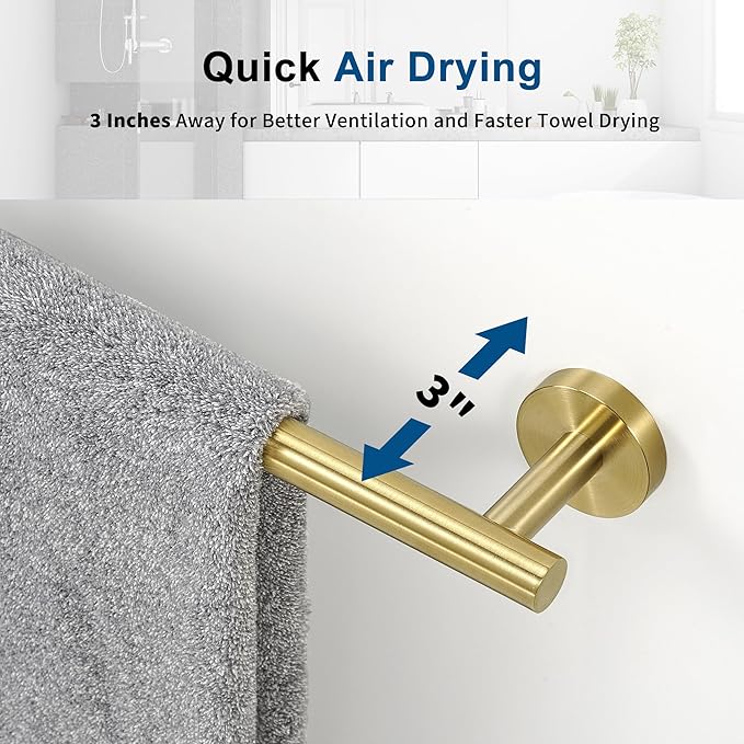 Brushed Gold Towel Bar, 24 Inch Towel Racks for Bathroom Wall Mounted, Thicken SUS304 Stainless Steel Heavy Duty Hand Towel Holder Organizer, Bathroom Accessories, Total Length 26.5 Inch