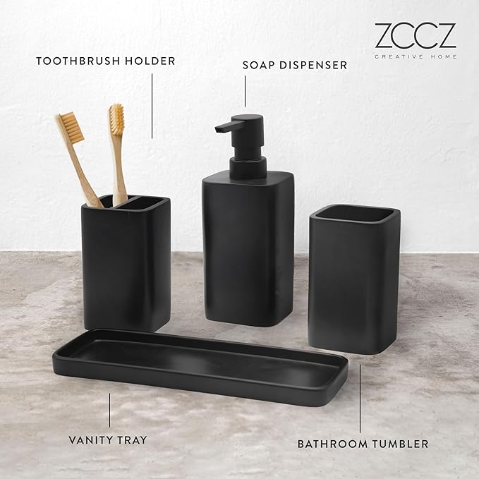 ZCCZ Bathroom Accessory Sets, 4 Pieces Bathroom Accessories Complete Set Vanity Countertop Accessory Set, Includes Lotion Dispenser Soap Pump, Tumbler, Toothbrush Holder and Tray (Matte Black)