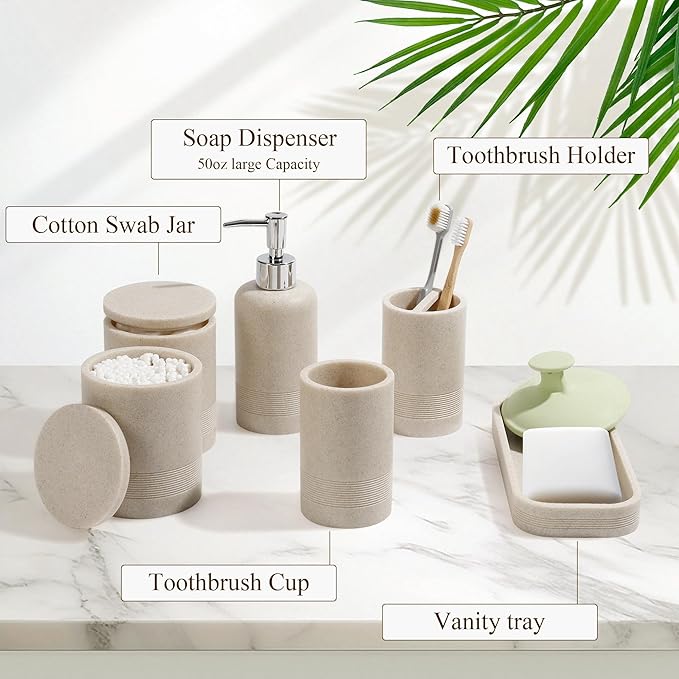 LIN CHUAN 6-Piece Bathroom Accessories Set, Bathroom Accessory Set with Soap Dispenser, Toothbrush Holder Set, Vanity Tray, Tumbler & 2 Cotton Swab Jars, Modern Stylish Bathroom Organizer(Beige)