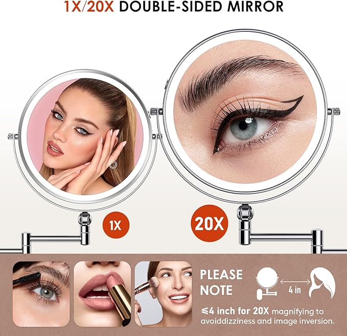 ZLOKLA 9" Wall Mounted Lighted Makeup Mirror,4000mAh Rechargeable Double Sided 1X/20X Magnifying Mirror with Light,Touch Dimmable,Extended Arm 360 Rotation Wall Mounted Makeup Mirror 3 Color Lights