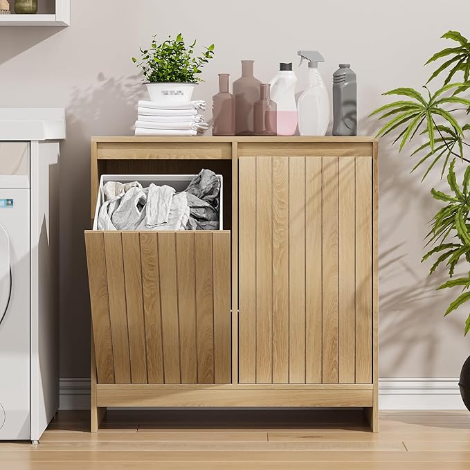 Smuxee Double Tilt Out Laundry Hamper Cabinet, Hidden Laundry Cabinet with Double Baskets, Natural Trash Can for Bathroom, Kitchen, Living Room