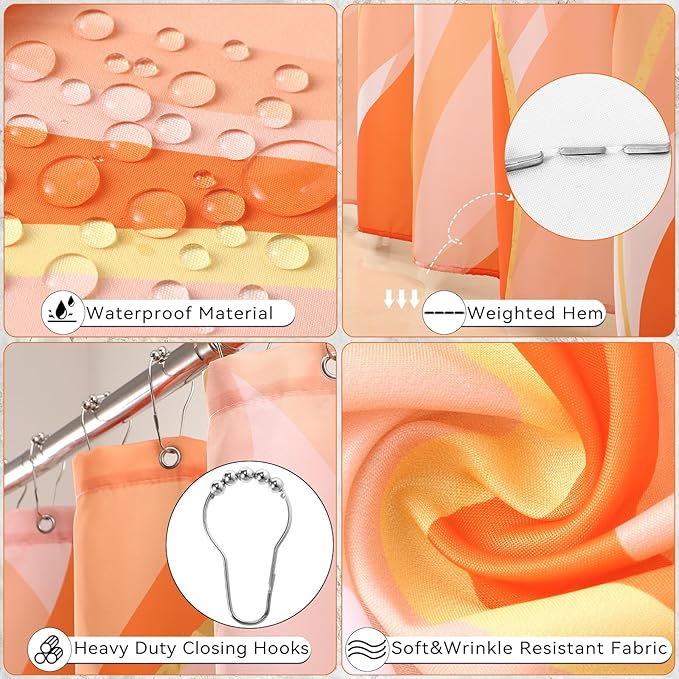 XLHOMO Orange Bathroom Accessories, Bathroom Sets with Stripe Shower Curtain, Orange and Gold Bathroom Accessories Set with Trash Can, Soap Dispenser, Soap Dish, Qtip Holders for Bathroom