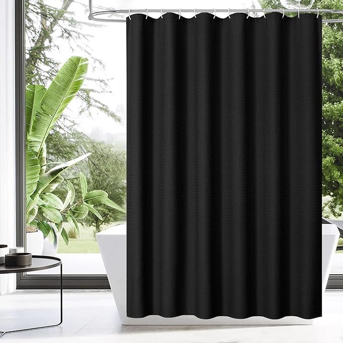 MitoVilla Waffle Black Shower Curtain 72 x 78, Fabric Long Set, Modern Farmhouse for Bathroom Decor, Luxury Hotel Cloth 78 Inch Long