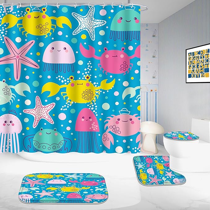 Poedist 4 Pcs Bathroom Shower Curtain Set,Kid's Bathroom Set,Ocean Octopus Shower Curtain Sets with Rugs(Bath Mat,U Shape and Toilet Lid Cover Mat) and 12 Hooks
