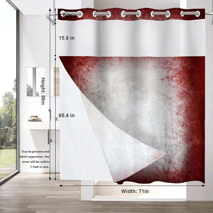 Shrahala Grey Abstract Tie Dye No Hooks Shower Curtain with Snap in Liner Set, Dark Red Modern Abstract Art Maroon Bathroom Décor Polyester Fiber Waterproof for Stall Bathtubs 71 X 86 in