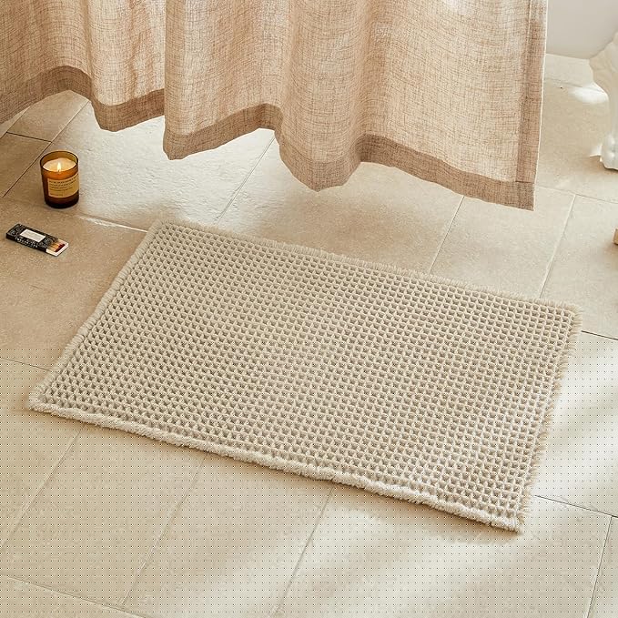 Pale Beige Bathroom Rug, Waffle Bath Mat Non Slip Washable Super Absorbent Quick Dry Boho Farmhouse Bathroom Decor, 30''x20'' / 1'8" x 2'6" Pale Beige