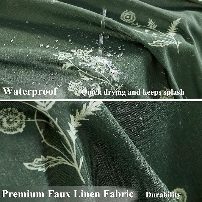 ORTIGIA Linen Shower Curtain Farmhouse Vintage Shower Curtains Set Boho Green Floral Cottagecore Rustic Block Print Decor for Bathroom 72 W x 72 L