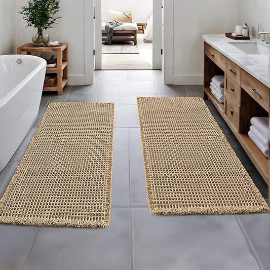 MIULEE Set of 2 Waffle Bathroom Runner Rugs, Boho Bath Rugs Non Slip Washable, Super Absorbent Runner Bath Mats, Rubber Backed Shower Mats for Hallway Bedroom Laundry Room, Brown, 2'x5'(24x60 Inch)