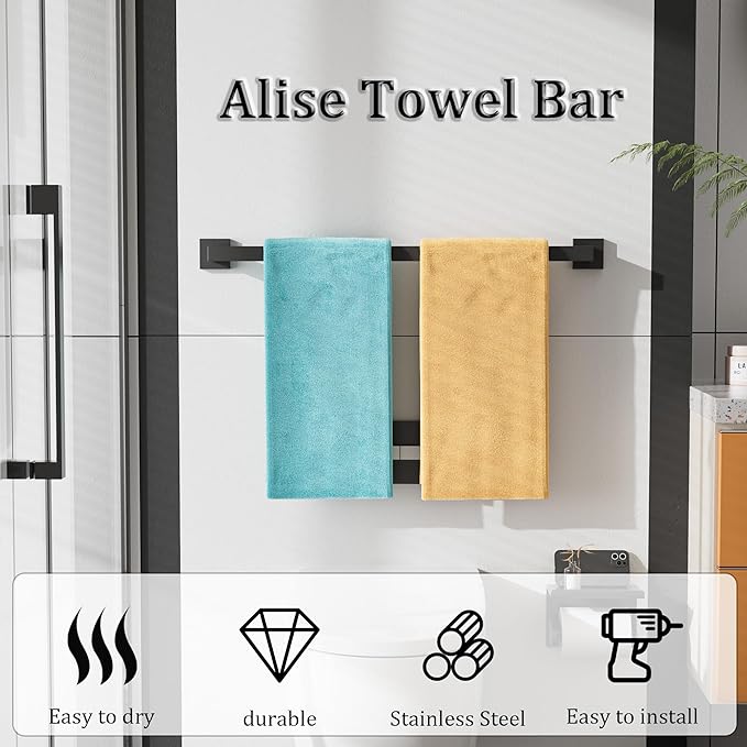 Alise Black Towel Bar, 28 Inch Towel Racks for Bathroom, SUS304 Stainless Steel Towel Holder Wall Mounted, Heavy Duty Towel Hanger for Bathroom & Kitchen (Matte Black)