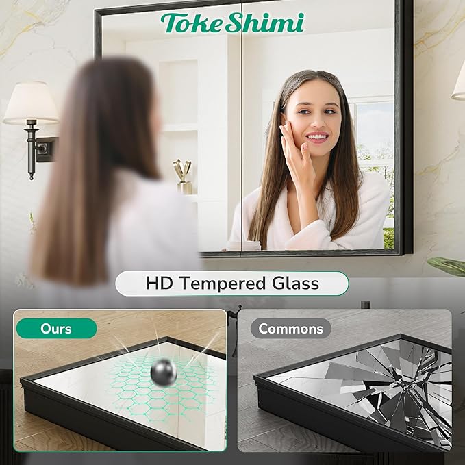 TokeShimi 12 x 36 Black Recessed Medicine Cabinet with Mirror, Assembly Required, Bathroom Medicine Cabinet with Mirror, Stepless Adjustable Shelves, Beveled Aluminum Frame, DTC Hinge