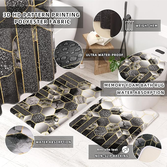 XLHOMO Bathroom Set - 26PC Bathroom Set with Shower Curtain and Rugs, Bathroom Accessory Set, Black Bathroom Accessories Set, Trash Can & Soap Dispenser