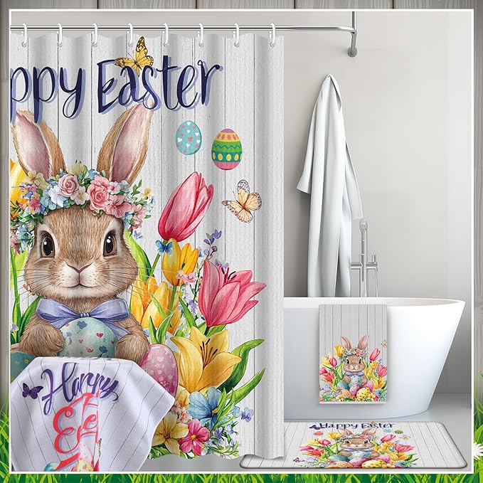 Nuanchu 6 Pcs Easter Shower Curtain Set with Rug Happy Easter Bunny Bathroom Sets with Shower Curtain Bath Mat U Shaped Mat Toilet Lid Cover 2 Bath Towels and 12 Hooks Rabbit Flower Bathroom Decor