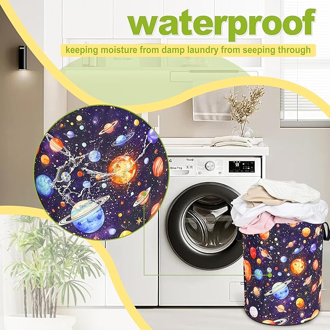 Planet Laundry Basket Funny Space Galaxy Foldable Waterproof Oxford Cloth Tote Bag Laundry Hamper Round Large Clothes Storage Bucket Toy Organizer For Bathroom/Laundry Storage/Bedroom 18.9x16.5 Inch