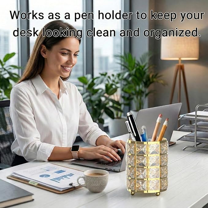 LUGUNU Makeup Brush Holder with Golden Crystal Bling ?€? Elegant Vanity Organizer for Brushes, Pens & Pencils, Ideal for Bathroom or Office Countertop(2Pack)