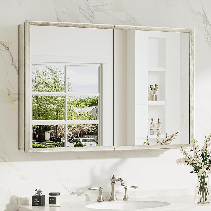 TokeShimi 36 x 24 Nickel Recessed Medicine Cabinet, Assembly Required, Bathroom Mirror Medicine Cabinet, Lightweight Aluminum Frame， Stepless Adjustable Shelves, Tempered Glass