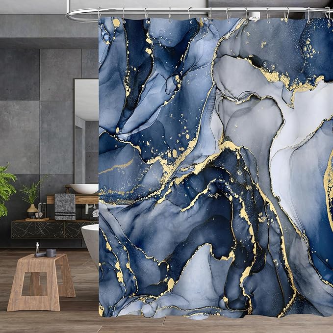 4PCS Navy Blue Marble Shower Curtain Sets with Rugs, Abstract Dark Blue Bathroom Sets with Shower Curtain and Rugs, Modern Bathroom Curtains Shower Set with Toilet Lid Cover