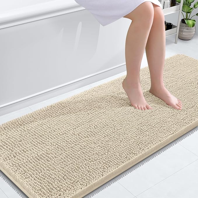 OLANLY Bathroom Rugs 59x24, Extra Soft Absorbent Chenille Bath Rugs, Rubber Backing Quick Dry, Machine Washable Bath Mats for Bathroom Floor, Tub and Shower, Home Decor Accessories, Sand