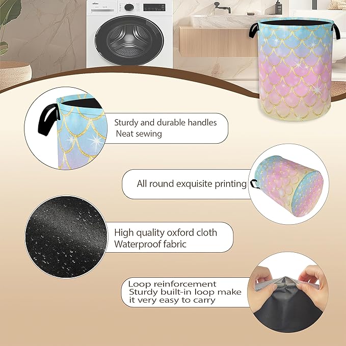 Glitter Mermaid Scales Laundry Basket,Pink Blue Gold Clothes Hamper,Oxford Cloth Collapsible Nursery Hamper Storage Organization for Bedroom,Bathroom,Office,College Dorms,16x20 Inch
