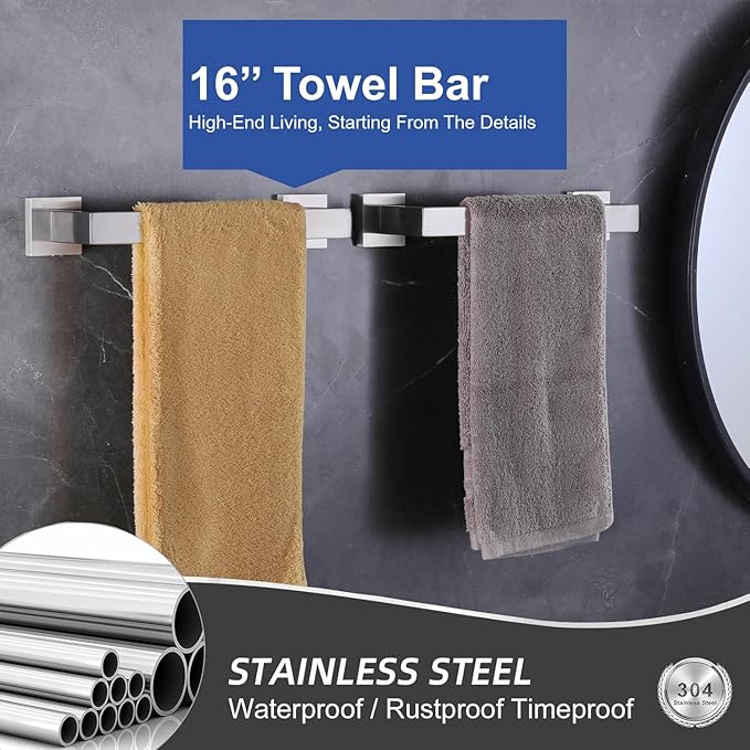 10-Pieces Bathroom Hardware Set Brushed Nickel Bathroom Accessories Set SUS304 Towel Bar Set Includes 2 Towel Bar 16 Inch+2 Towel Holder+2 Toilet Paper Holder+4 Towel Hooks(10, Brushed Nickel)