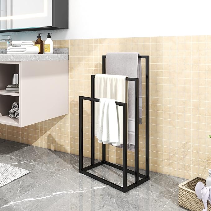 Metal Towel Racks 3 Bars for Bathroom Freestanding Drying Shelf 3 Tier Storage Organizer Washcloths Holder (Black)