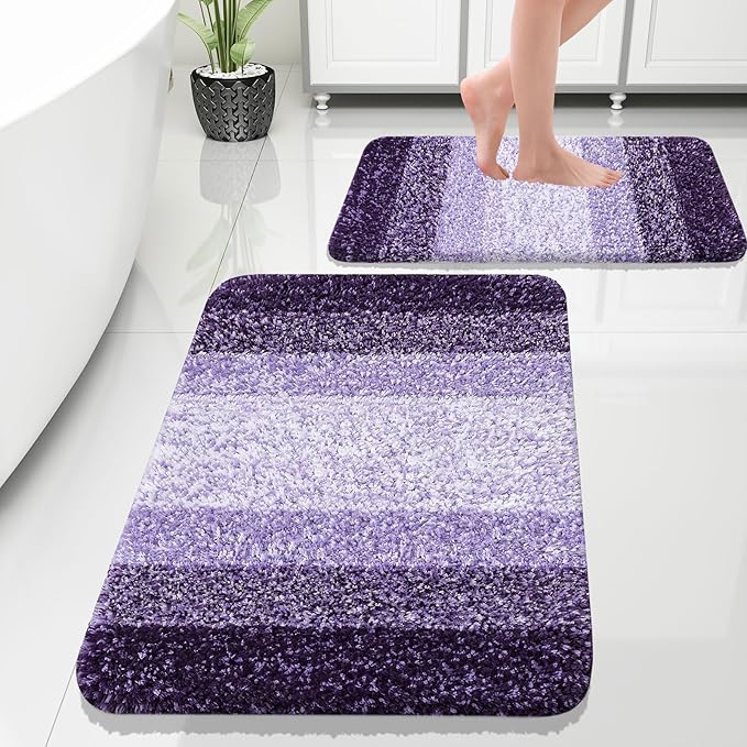 OLANLY Bathroom Rug Set 2 Piece, Soft Absorbent Microfiber Bath Rug Set, Non-Slip, Machine Wash Dry, Plush Shaggy Bath Mats for Bathroom (30"x20"+24"x16", Violet)