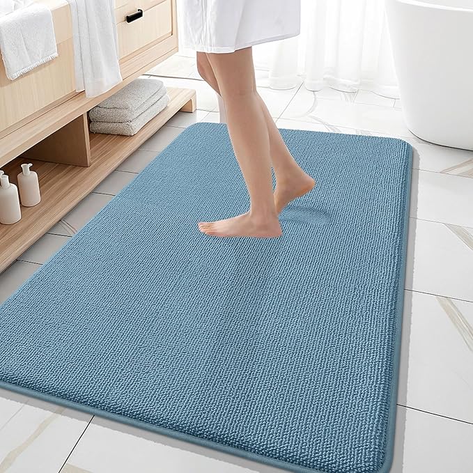 OLANLY Thick Memory Foam Bath Mat Rug 59x35, Extra Soft Absorbent Bathroom Rug, Quick Dry Bath Mats, Non-Slip, Machine Washable Carpet for Bathroom, Tub and Shower, Home Decor Accessories, Airy Blue