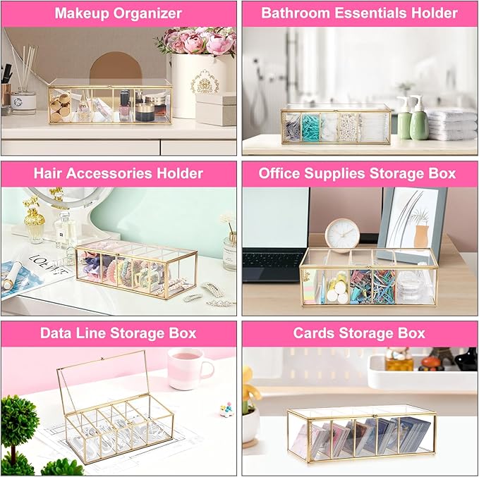 ELLDOO Lash Extension Organizer Box with Lid, Gold Glass Eyelash Supplies Organizer Storage Box, 5 Compartments Bathroom Supplies Storage Container for Cotton Swabs, Balls, Pads, Floss Picks