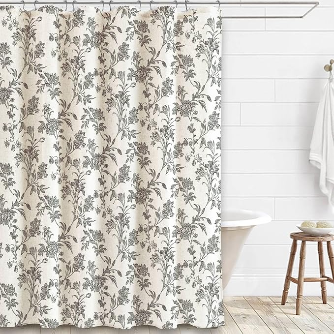 Black Shower Curtain Floral Cotton Linen Cottagecore Shower Curtain for Bathroom 72" W x 72" L