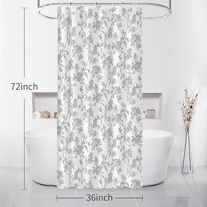 Seorsok Grey Shower Curtain,Sage Cotton Floral Cottagecore,Elegant Floral Fabric Shower Curtain Machine Washable Waterproof Bathroom Decor 36'Wx72'L inches