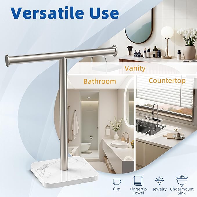 RUACQ Hand Towel Holder, T-Shape Free Standing Hand Towel Holder Stand with Marble Base, 304 Stainless Steel Hand Towel Stand for Bathroom Kitchen Vanity Countertop(Brushed Nickel)