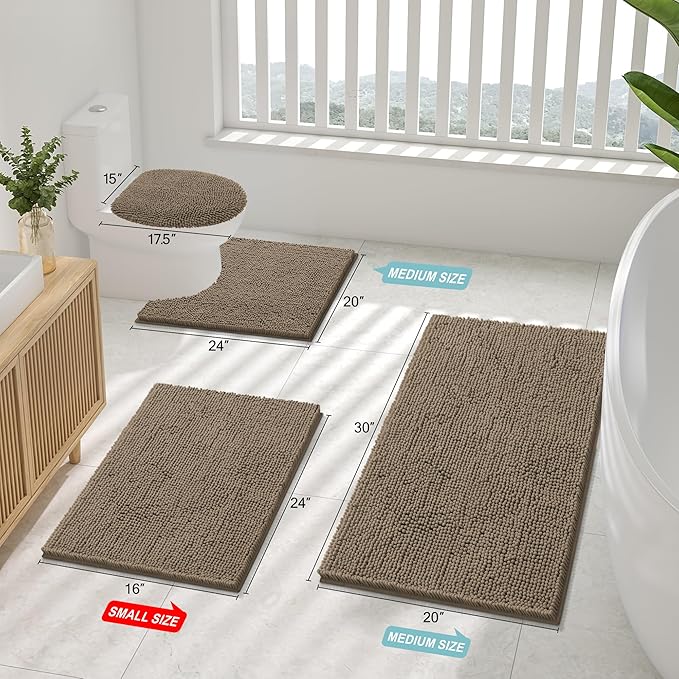 Smiry Luxury Chenille Bathroom Rugs 44x32, Extra Soft and Absorbent Shaggy Bath Mat, Machine Washable, Non-Slip Plush Carpet Runner for Tub, Shower, and Floor, Home Decor Accessories, Camel